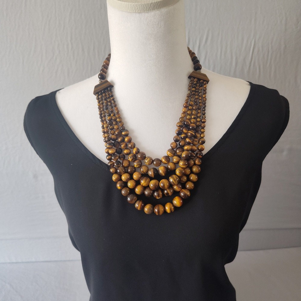 Tigers Eye Multi Strand Bib Statement Necklace Graduated Beaded Brown Gemstone